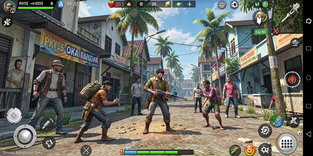 Tampilan gameplay RK55 dengan interaksi karakter yang menarik.