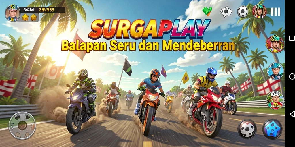 Tampilan gameplay seru balapan di SURGAPLAY dengan mobil yang melaju kencang.