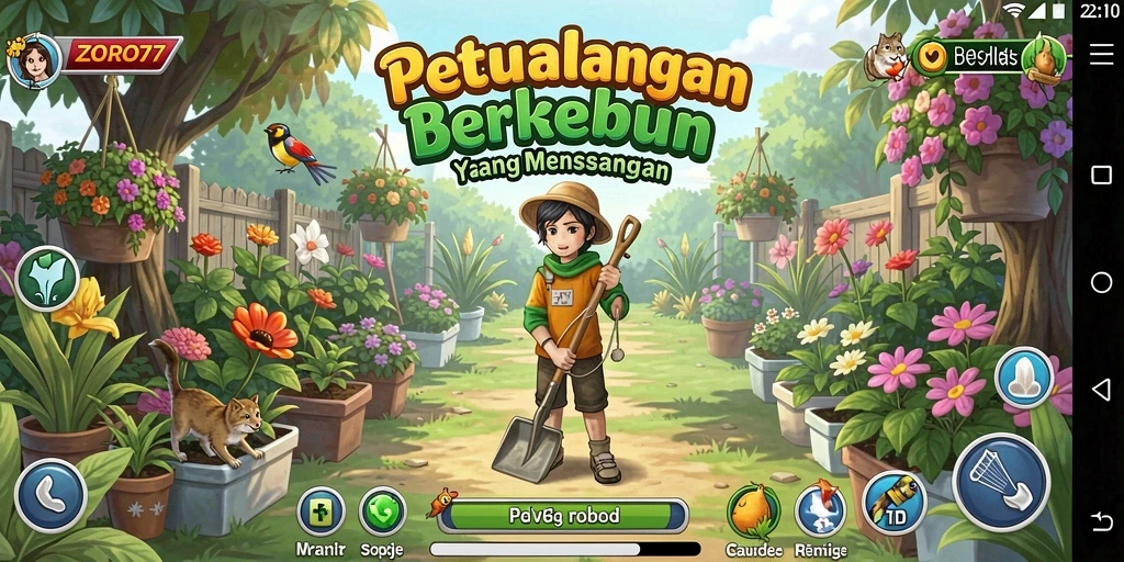 Tangkapan layar gameplay ZORO77 yang menunjukkan suasana berkebun.